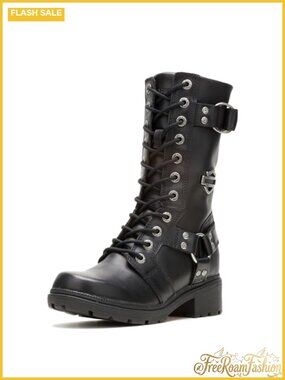 Harley-Davidson Eda Zippered Leather Motorcycle Boots Mid Calf Low Heel